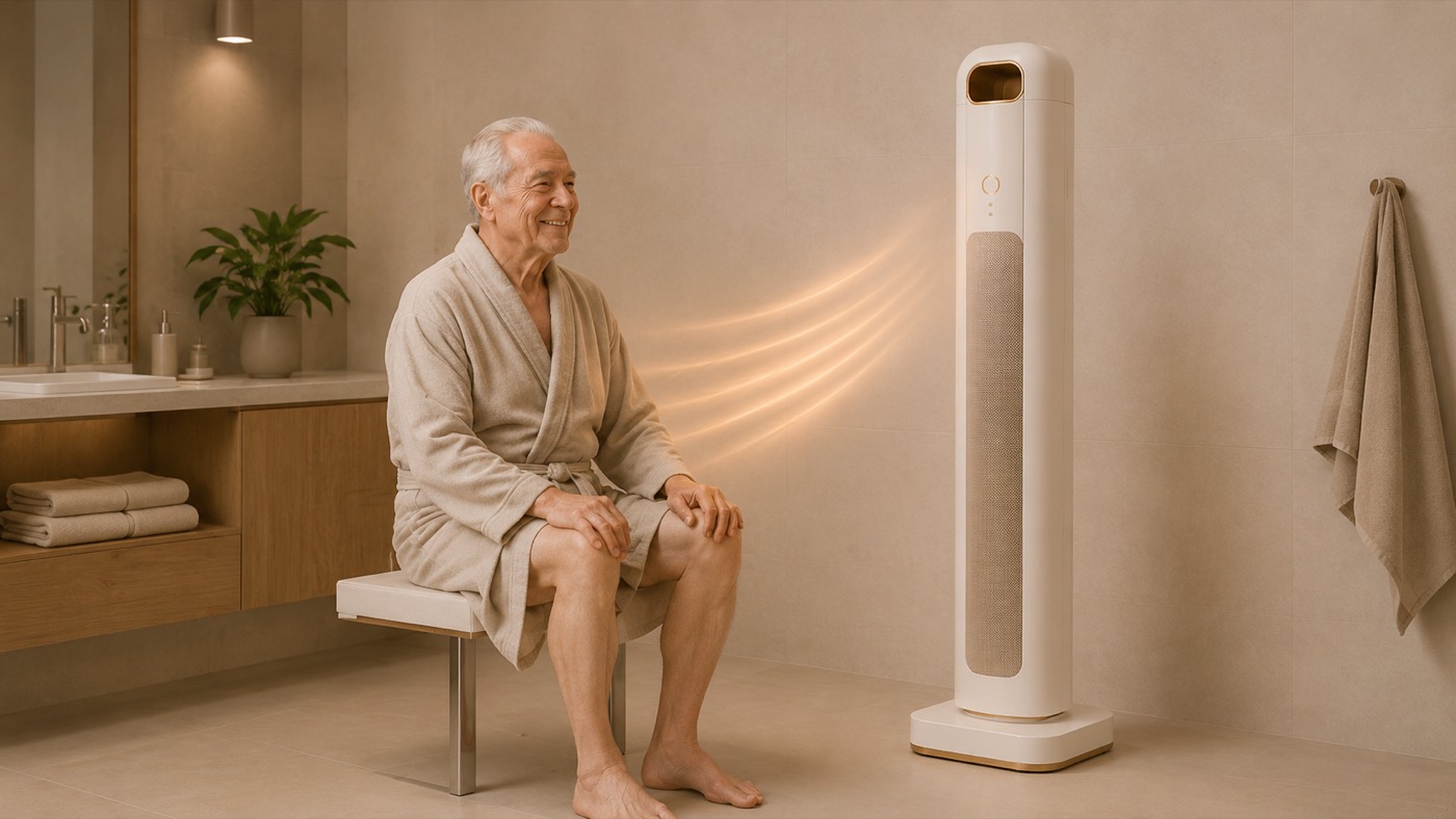 The same older man in a robe, relaxed and smiling on a shower bench while Welyna dries him with gentle warm air