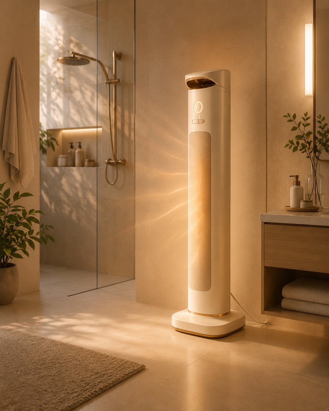 Welyna standing in a warm, sunlit bathroom beside a glass shower, plugged into the wall outlet, with warm air glowing from its fabric front panel