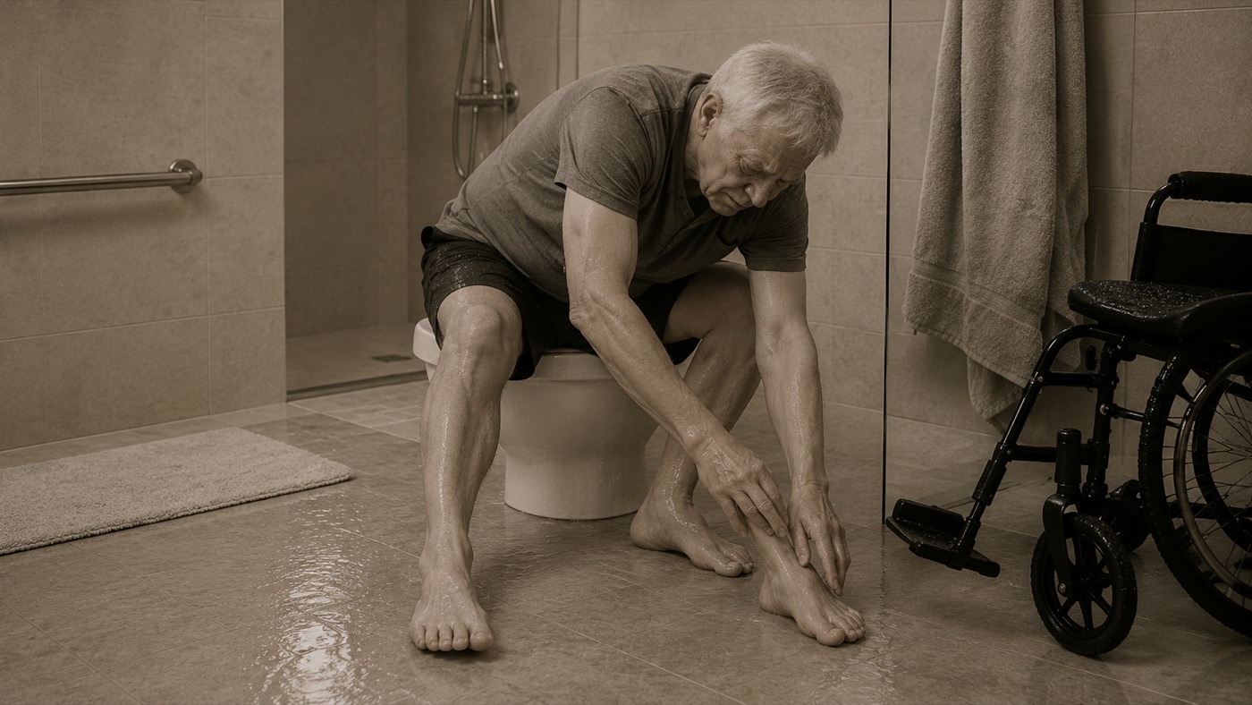 An older man sitting on a shower stool, straining to bend down and dry his feet on a wet floor, a wheelchair and grab bar beside him