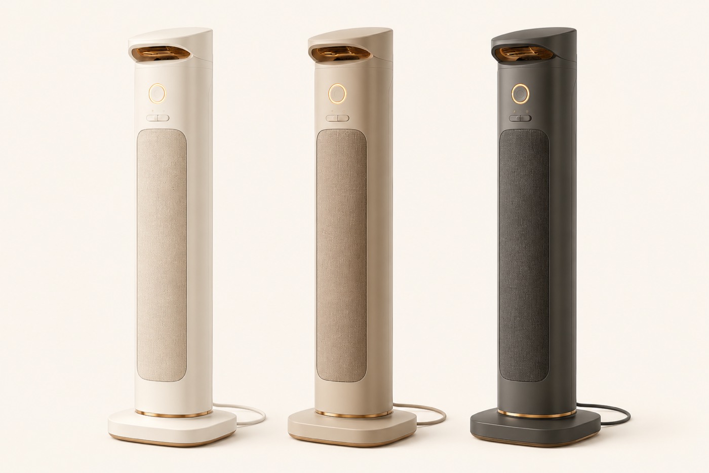 The Welyna body dryer in three finishes: Warm White, Sand Beige, and Stone Grey
