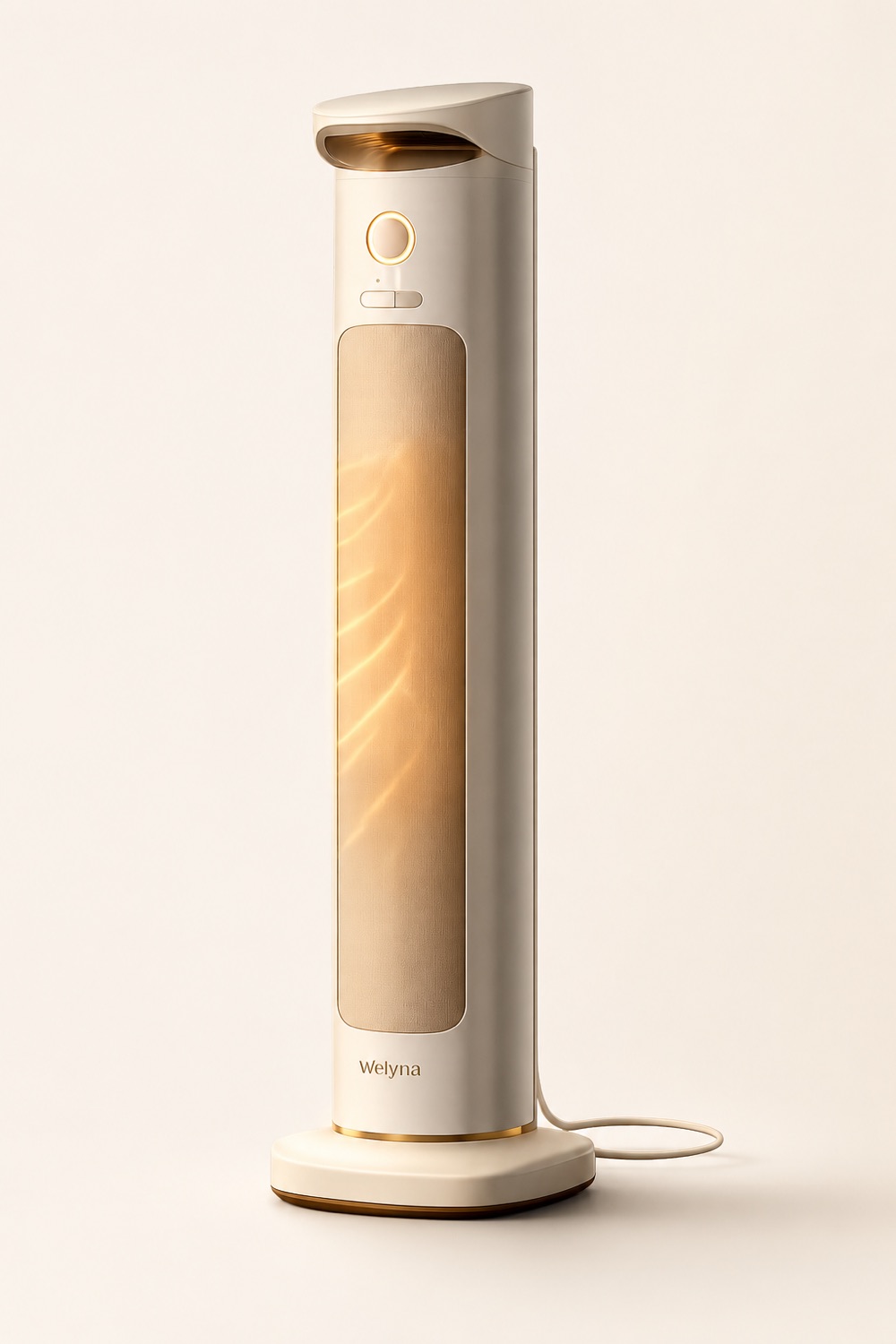 The Welyna warm-air body dryer — a slim floor-standing tower with warm air glowing through its fabric front panel