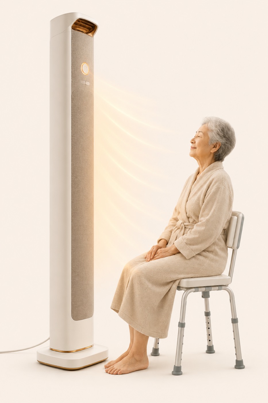 An older woman in a robe sitting on a shower bench beside Welyna as warm air dries her