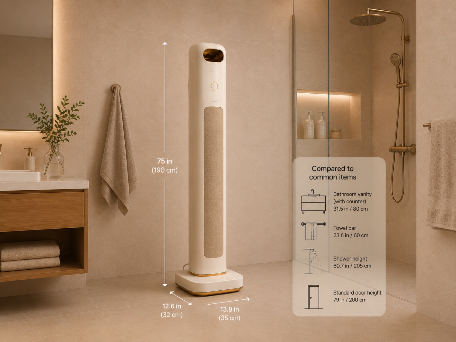 Welyna shown to scale in a bathroom — 75 inches (190 cm) tall on a 13-inch base, compared to a vanity, towel bar, shower height, and a standard door