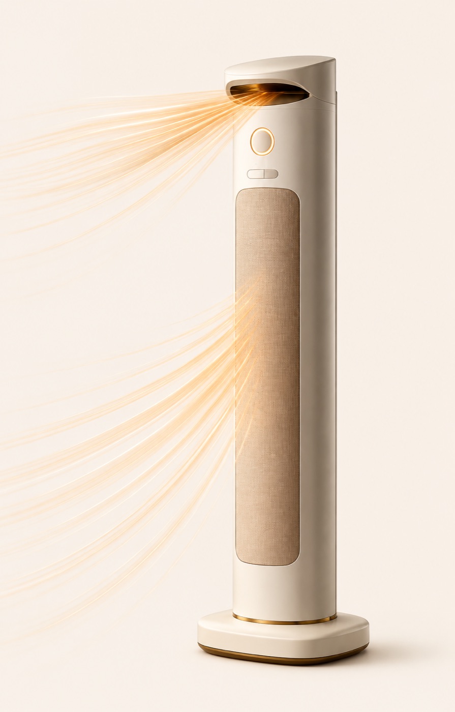 The Welyna unit emitting fast, focused streams of warm amber air, illustrating its high-speed motor and precise temperature control