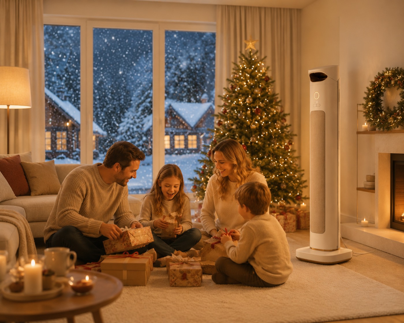 Welyna warming a cozy living room in winter — a family opening gifts by the Christmas tree as snow falls outside the window